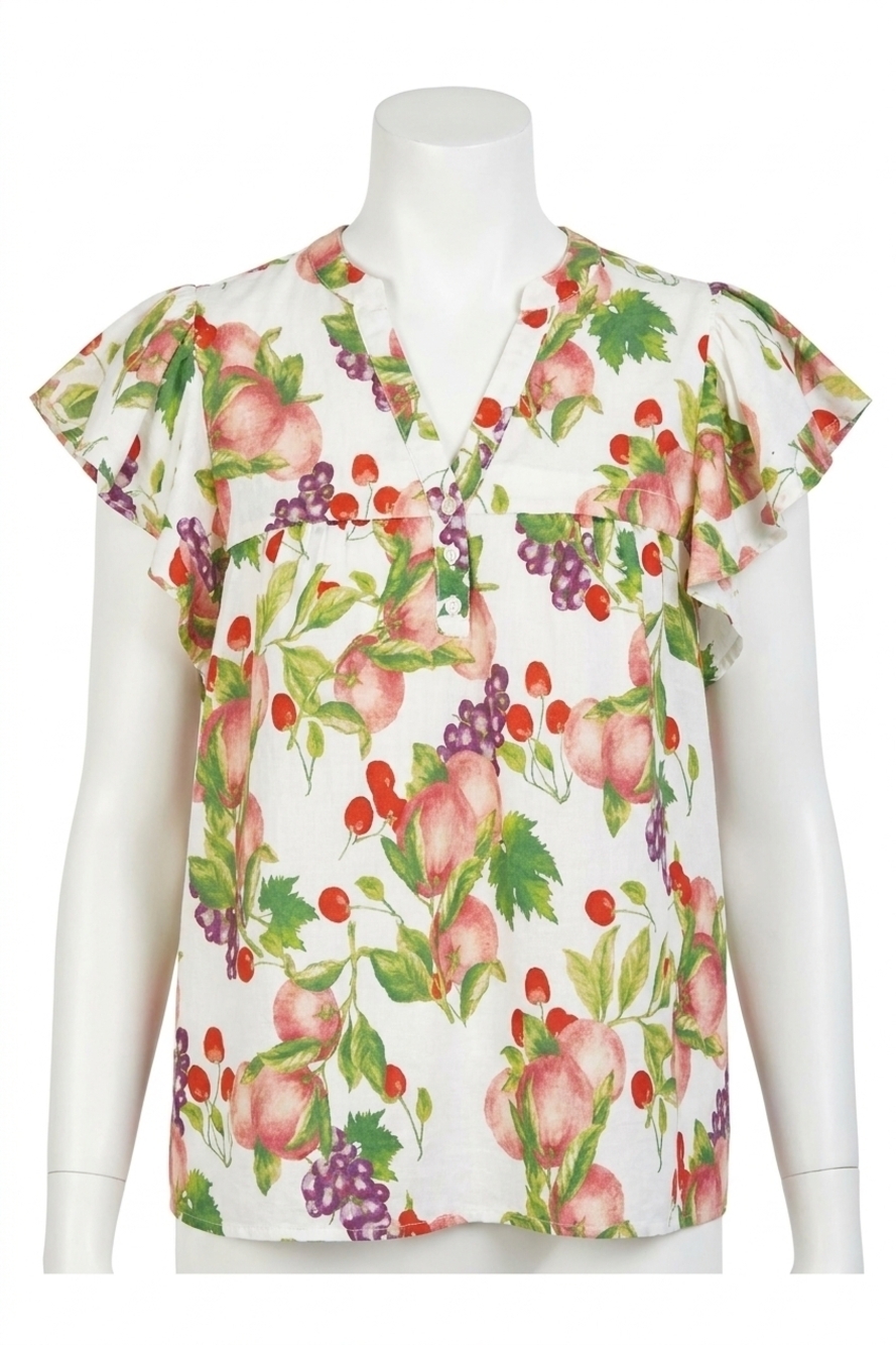 NEW FATE fruit print flutter sleeve split neck top in cream multi